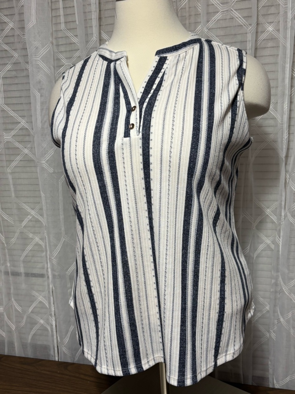CURE. 3XL Sleeveless Navy and White Striped Henley Tank Top 25” p2p 28”L